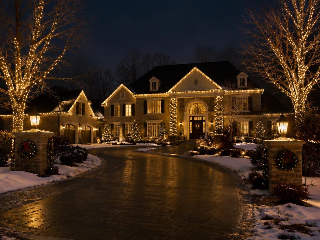 Warm white Christmas light installation on a home at night