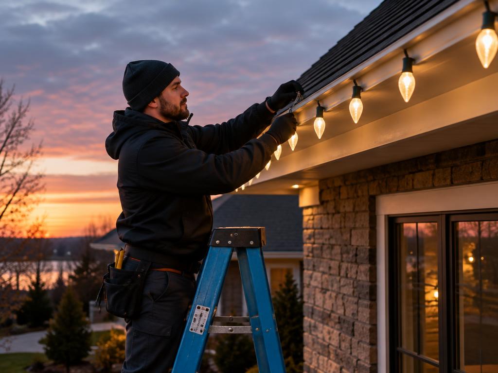 Moonlight crew installing custom-cut Christmas lights with clips