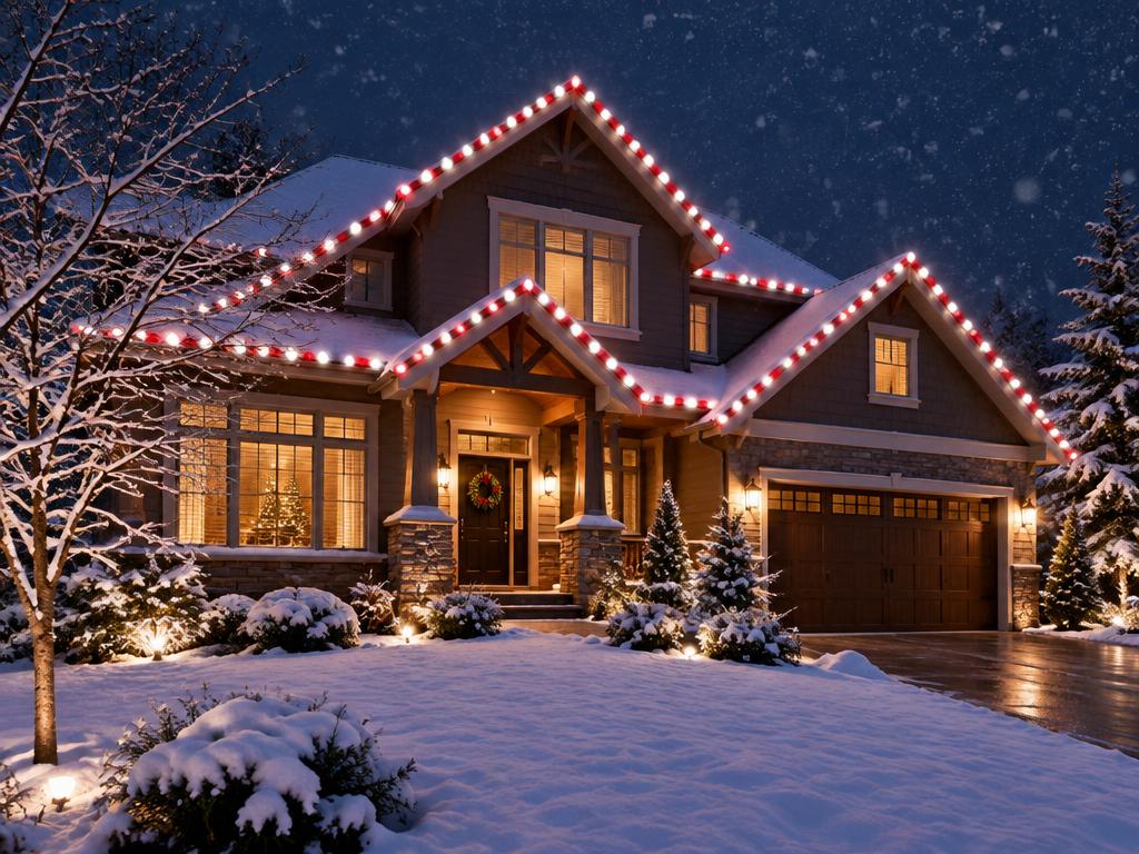 Candy cane Christmas light installation on a home at night