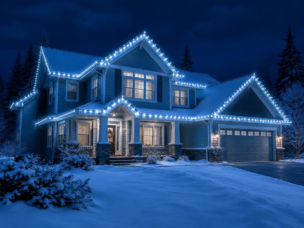 Cool white Christmas light installation on a home at night